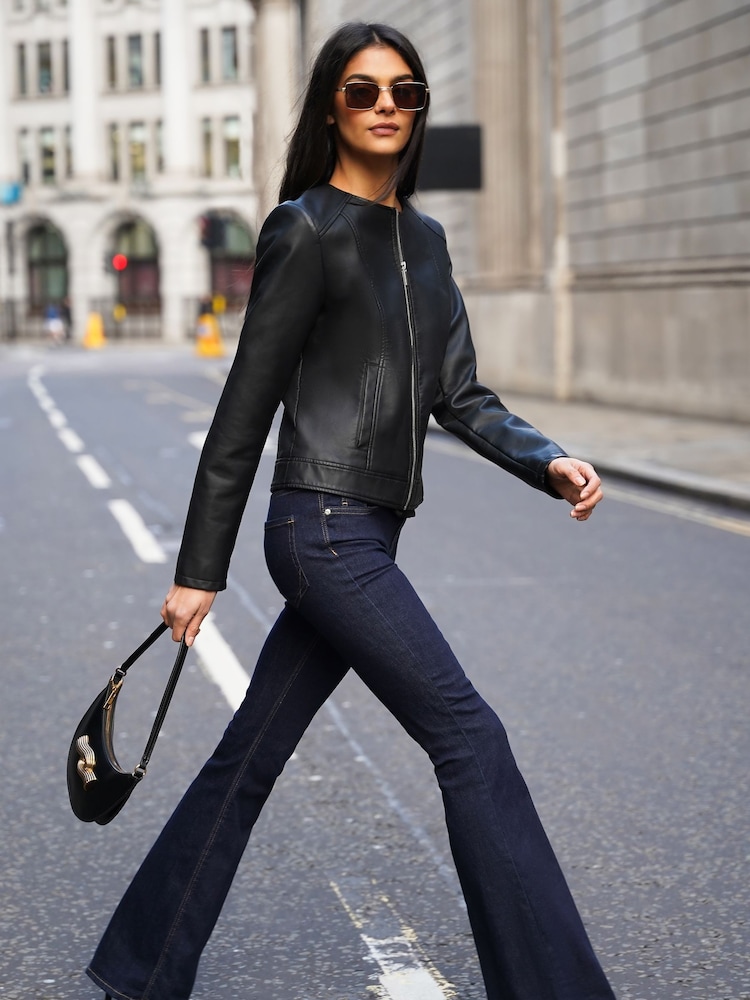 Buy Friends Like These Black Faux Leather Short Collarless Jacket