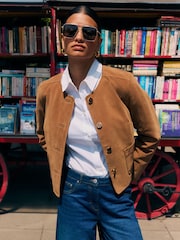 Friends Like These Brown Collarless Faux Suede Jacket - Image 1 of 4