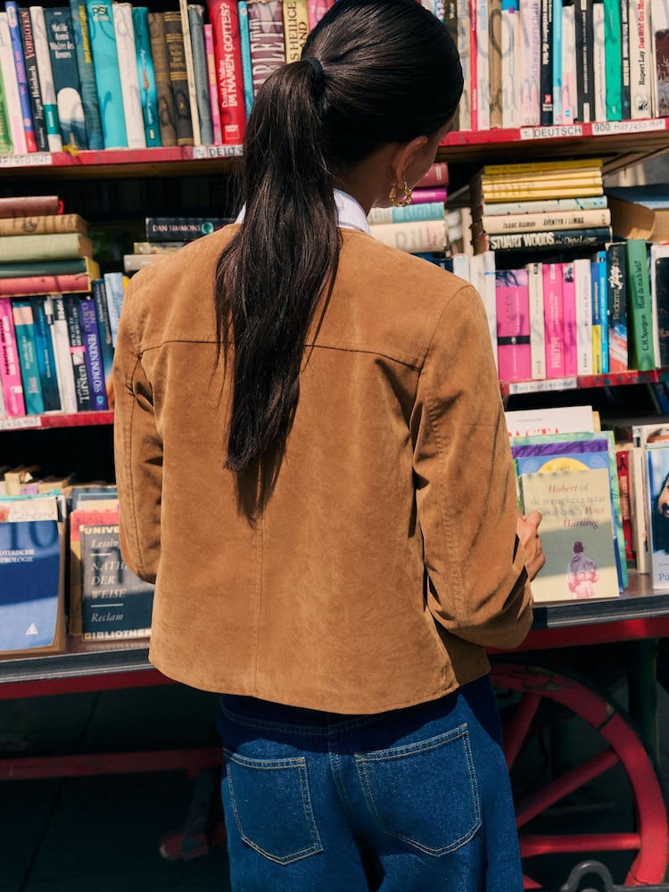 Friends Like These Brown Collarless Faux Suede Jacket - Image 4 of 4