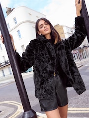 Friends Like These Black Textured Faux Fur Mid Length Coat - Image 1 of 4