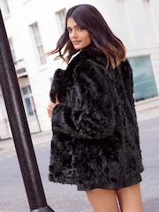 Friends Like These Black Textured Faux Fur Mid Length Coat - Image 4 of 4