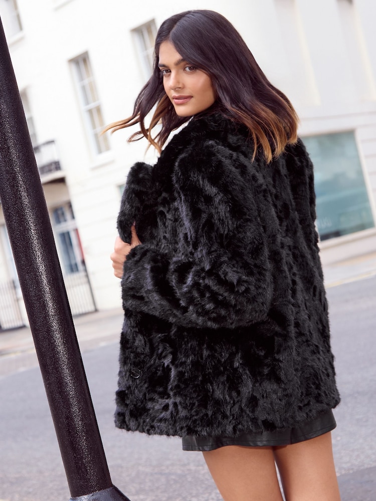 Friends Like These Black Textured Faux Fur Mid Length Coat - Image 4 of 4