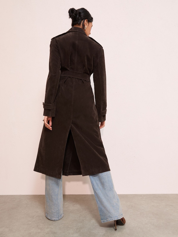 Friends Like These Brown Faux Suede Maxi Belted Trench Coat - Image 4 of 4