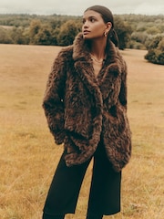 Friends Like These Chocolate Brown Textured Faux Fur Mid Length Coat - Image 1 of 4