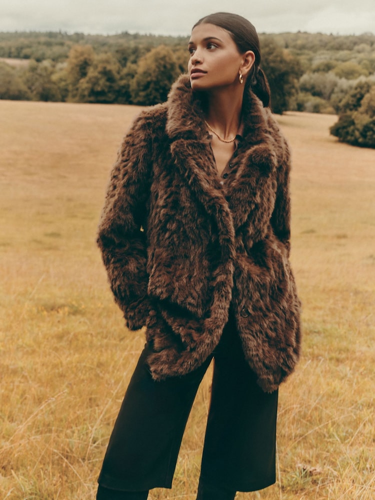 Friends Like These Chocolate Brown Textured Faux Fur Mid Length Coat - Image 1 of 4