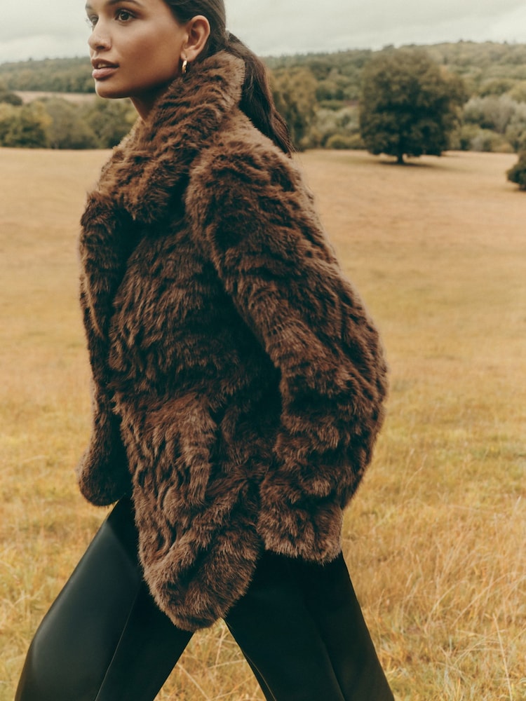 Friends Like These Chocolate Brown Textured Faux Fur Mid Length Coat - Image 2 of 4