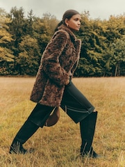 Friends Like These Chocolate Brown Textured Faux Fur Mid Length Coat - Image 3 of 4