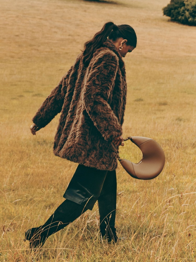 Friends Like These Chocolate Brown Textured Faux Fur Mid Length Coat - Image 4 of 4