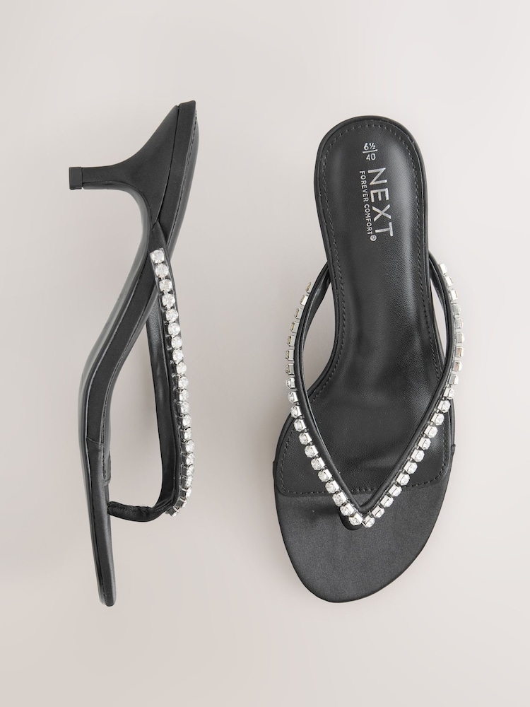 Black Forever Comfort® Jewelled Toe Thong Kitten Heels - Image 1 of 5