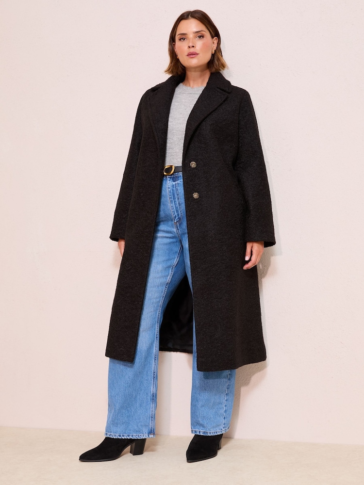 Friends Like These Black Curve Wrap Belted Boucle Textured Midi Coat - Image 1 of 4