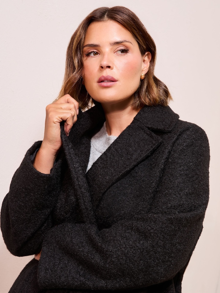 Friends Like These Black Curve Wrap Belted Boucle Textured Midi Coat - Image 2 of 4