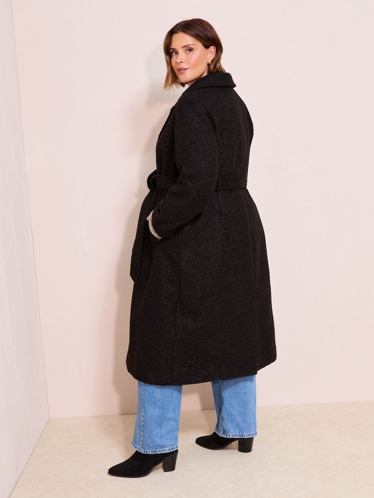 Friends Like These Black Curve Wrap Belted Boucle Textured Midi Coat - Image 4 of 4
