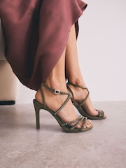Khaki Green Forever Comfort® Jewelled Satin Strappy Heeled Sandals - Image 1 of 11