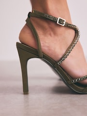 Khaki Green Forever Comfort® Jewelled Satin Strappy Heeled Sandals - Image 10 of 11