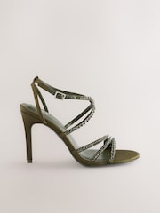 Khaki Green Forever Comfort® Jewelled Satin Strappy Heeled Sandals - Image 2 of 11