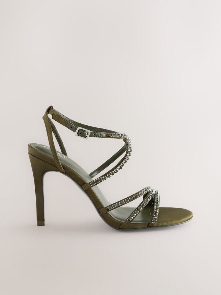 Khaki Green Forever Comfort® Jewelled Satin Strappy Heeled Sandals - Image 2 of 11