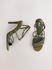 Khaki Green Forever Comfort® Jewelled Satin Strappy Heeled Sandals - Image 3 of 11