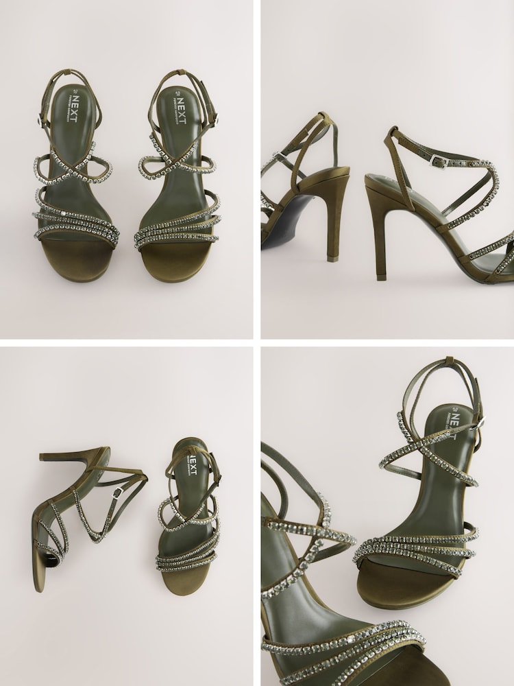 Buy Khaki Green Jewelled Satin Strappy Heeled Sandals from the