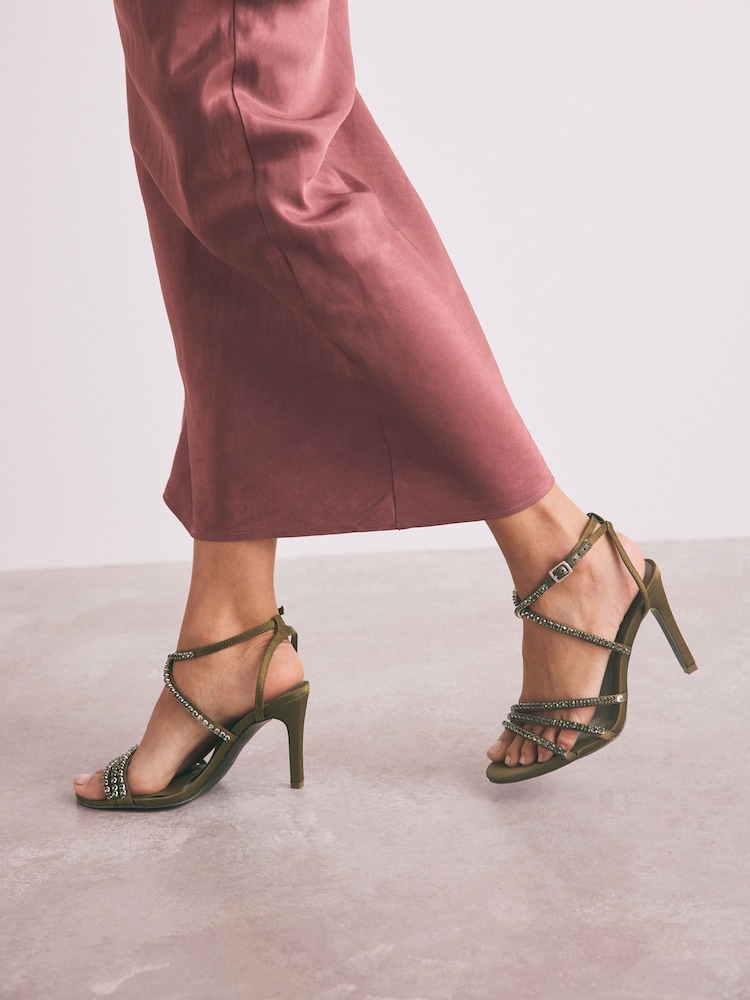 Buy Khaki Green Jewelled Satin Strappy Heeled Sandals from the