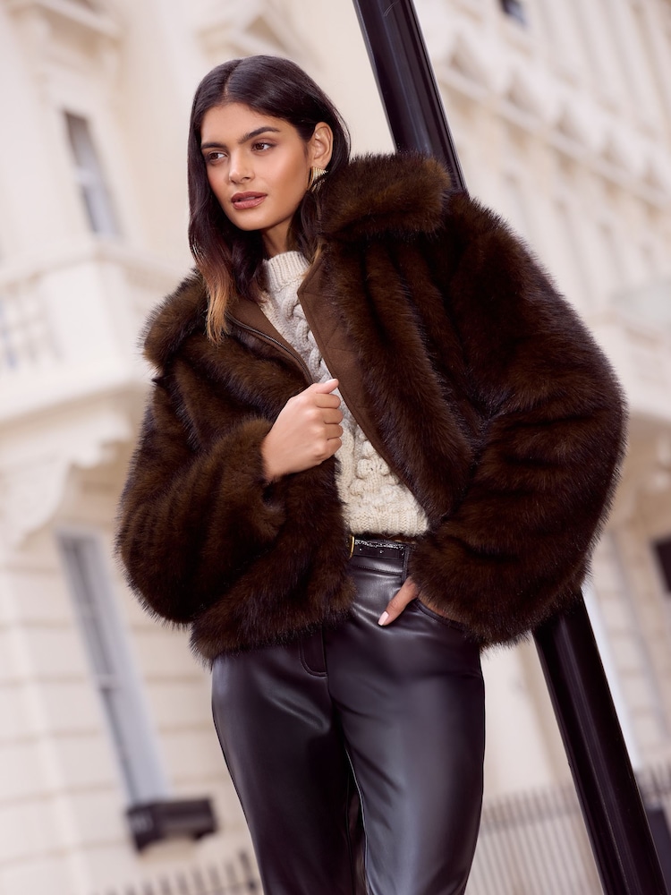 Friends Like These Chocolate Brown Short Faux Fur Collar Zip Through Coat - Image 1 of 4