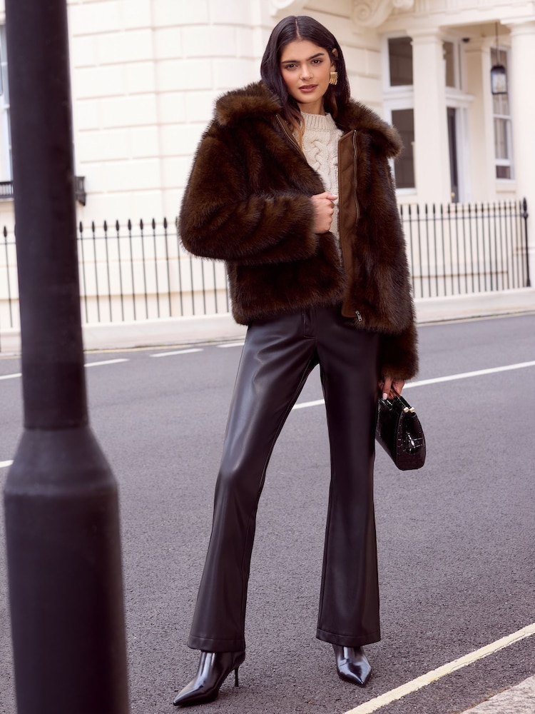 Friends Like These Chocolate Brown Short Faux Fur Collar Zip Through Coat - Image 2 of 4