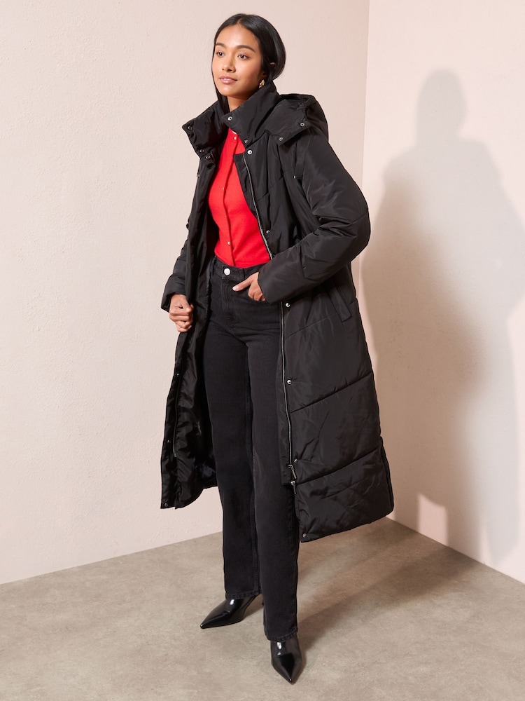 Friends Like These Black Petite Long Line Hooded Padded Coat - Image 1 of 4