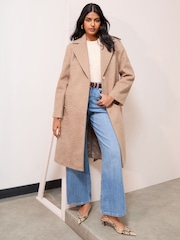Friends Like These Camel Petite Wrap Belted Boucle Textured Midi Coat - Image 1 of 4