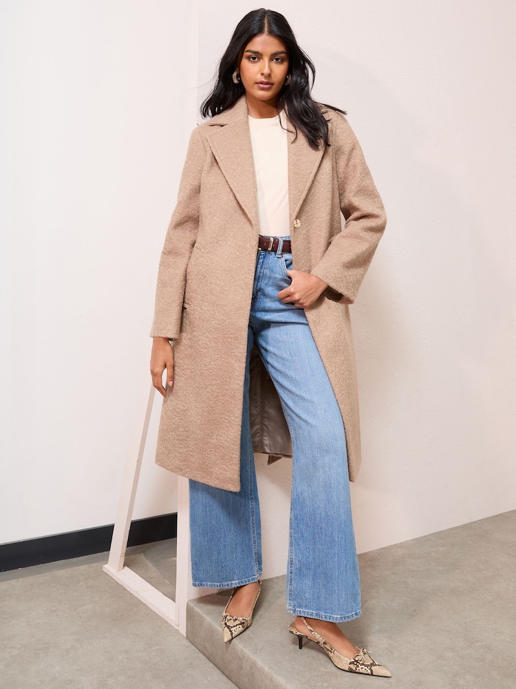 Friends Like These Camel Petite Wrap Belted Boucle Textured Midi Coat - Image 1 of 4