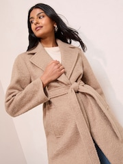 Friends Like These Camel Petite Wrap Belted Boucle Textured Midi Coat - Image 2 of 4