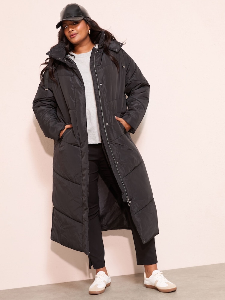 Friends Like These Black Curve Long Line Hooded Padded Coat - Image 1 of 4