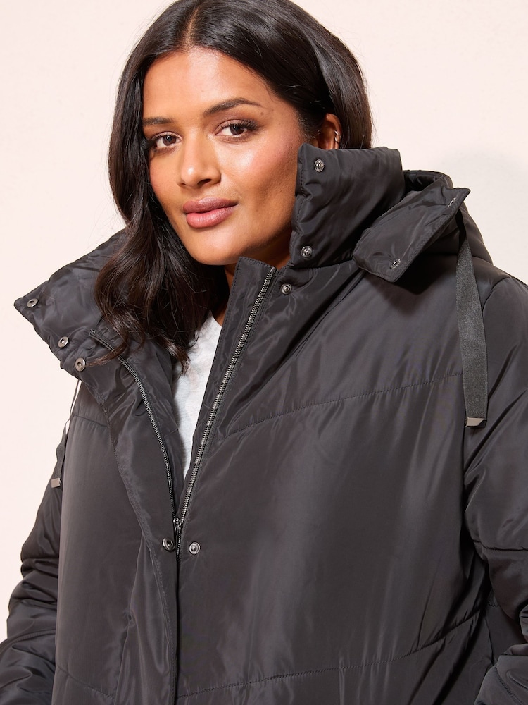 Friends Like These Black Curve Long Line Hooded Padded Coat - Image 2 of 4