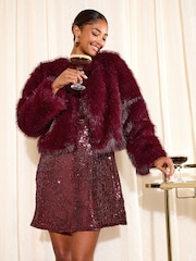 Friends Like These Burgundy Red Petite Short Faux Fur Collarless Jacket - Image 3 of 4