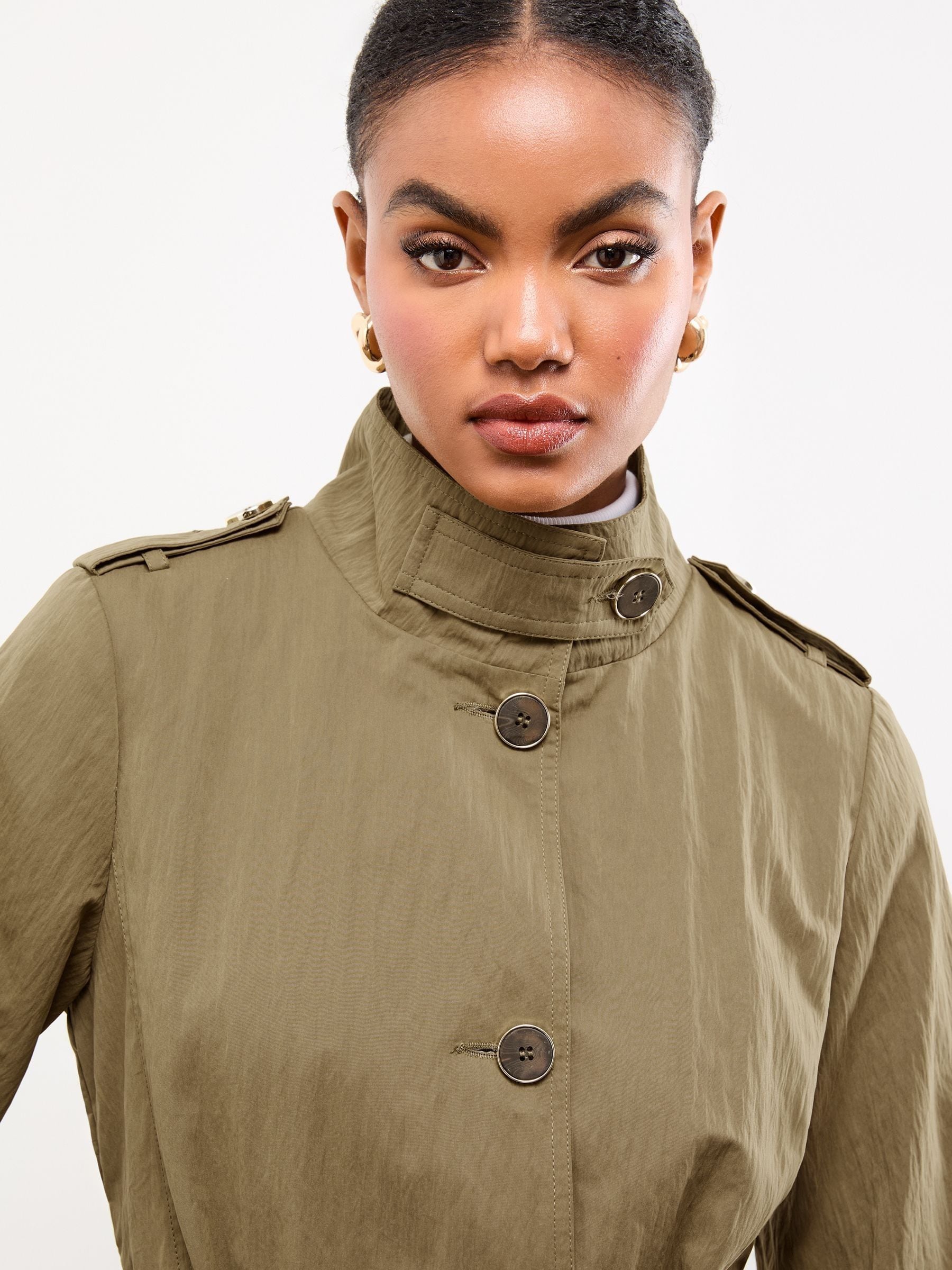 Buy Lipsy Khaki Green Blouson Sleeve Papertouch Funnel Neck Trench