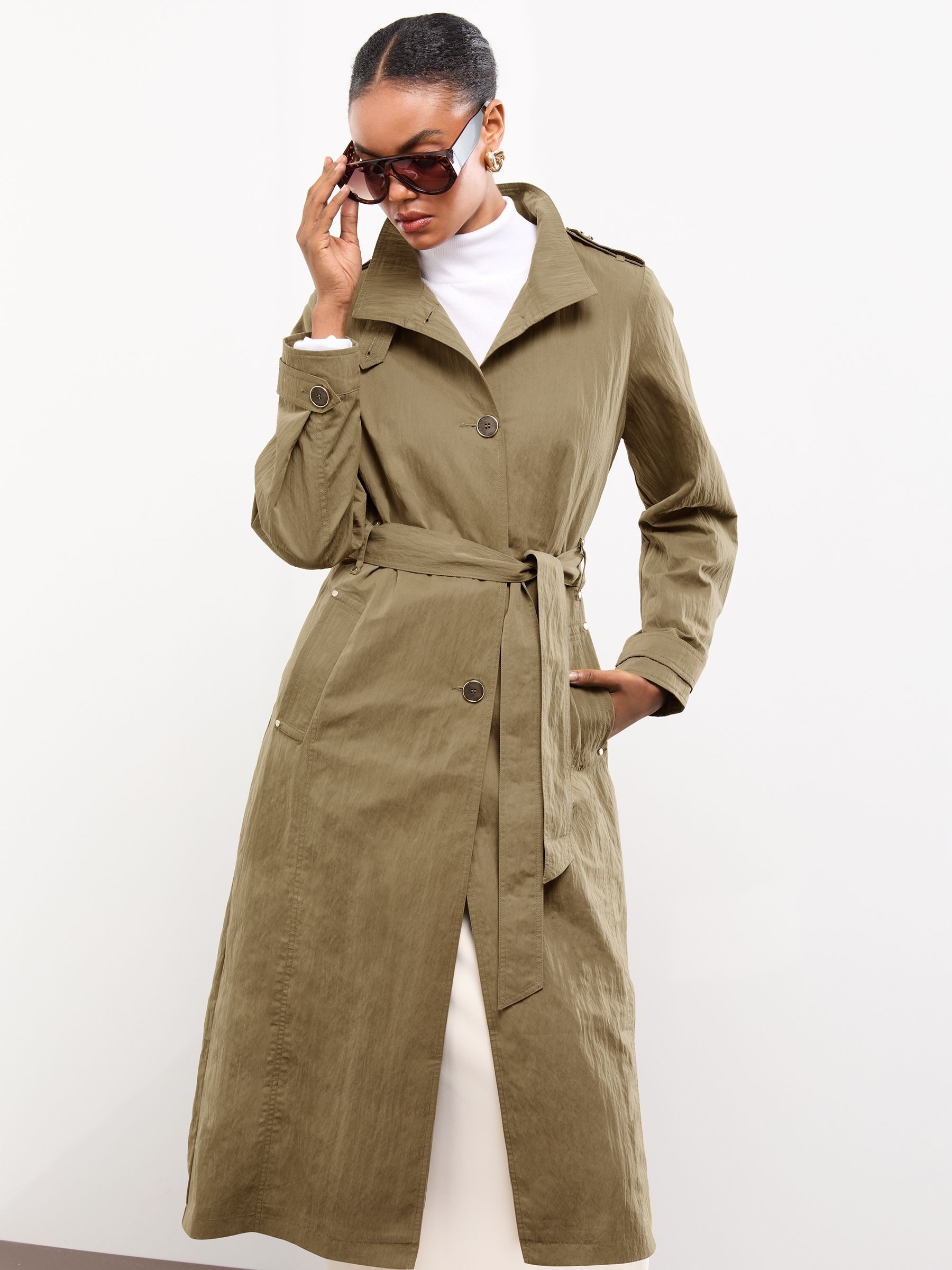 Buy Lipsy Khaki Green Blouson Sleeve Papertouch Funnel Neck Trench