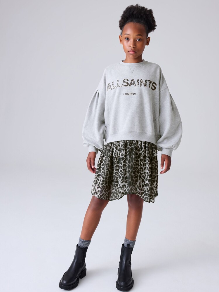 smALLSAINTS Grey Leopard Sweat Tiered Mock Dress - Image 1 of 10