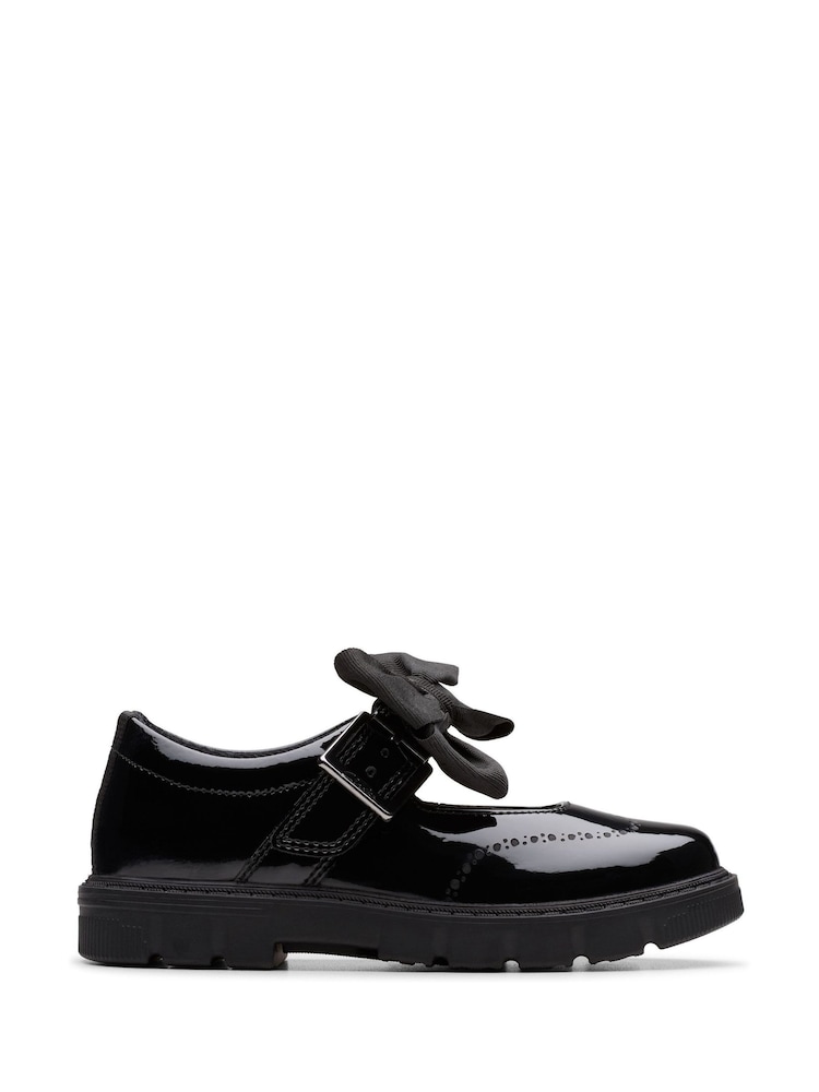 Clarks Black Patent Standard Fit (F) Younger Girls Lorcham Bow Leather Shoes - Image 1 of 6