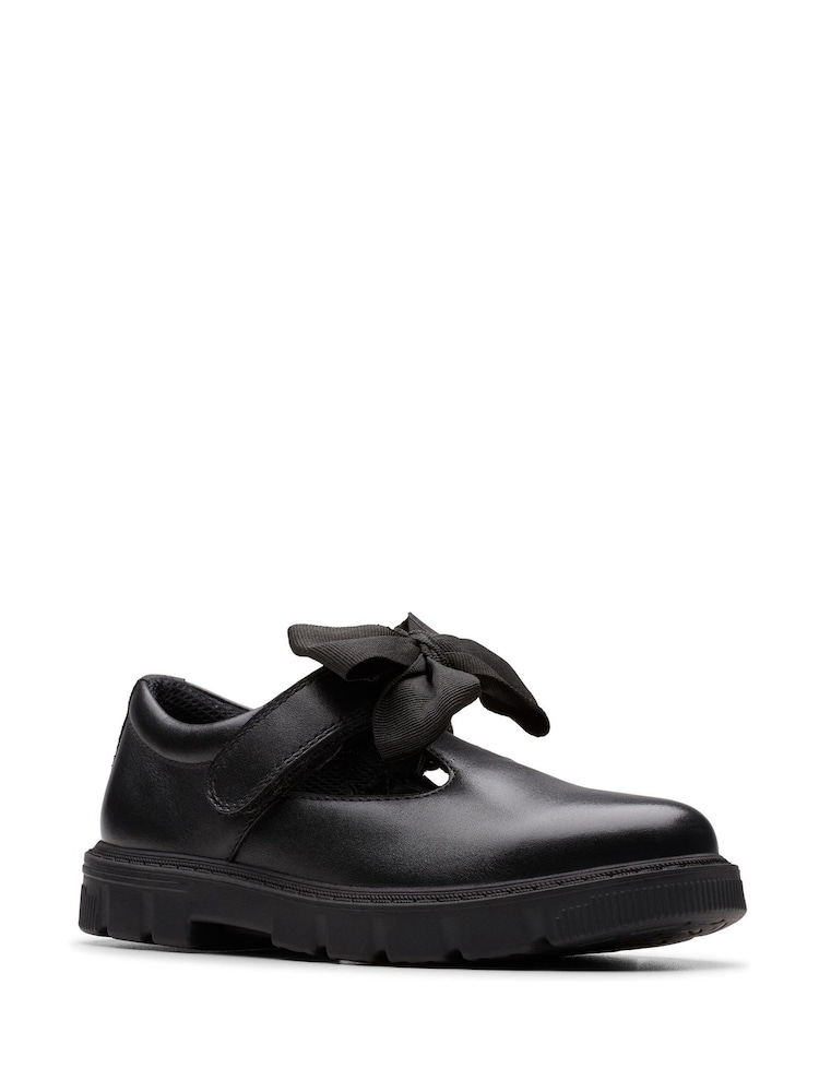Clarks Black Standard Fit (F) Younger Girls Lorcham Bow Leather Shoes - Image 1 of 6 Clarks Black Standard Fit (F) Younger Girls Lorcham Bow Leather Shoes - Image 1 of 6