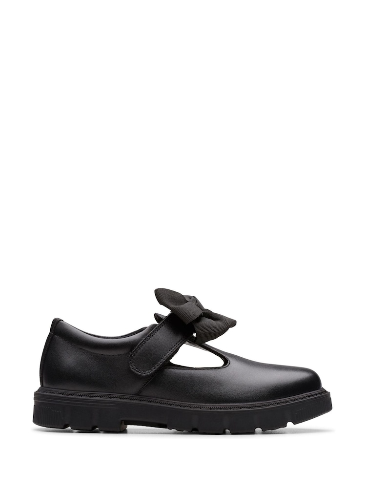 Clarks Black Wide Fit (G) Younger Girls Lorcham Bow Leather Shoes - Image 1 of 6 Clarks Black Wide Fit (G) Younger Girls Lorcham Bow Leather Shoes - Image 1 of 6