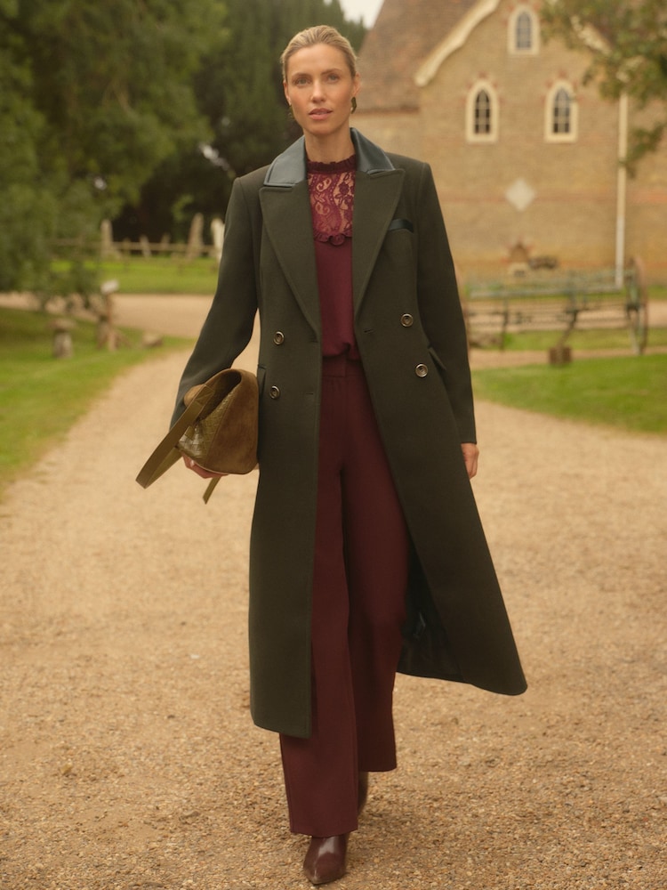 Verde cáqui - Love & Roses PU Collar Longline Double Breasted Coat - Imagem 1 de 4