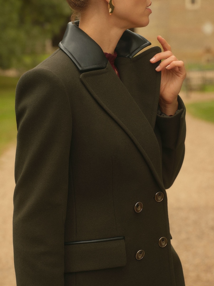Verde cáqui - Love & Roses PU Collar Longline Double Breasted Coat - Imagem 2 de 4
