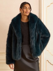 Love & Roses Teal Blue Shawl Collar Faux Fur Coat - Image 1 of 4