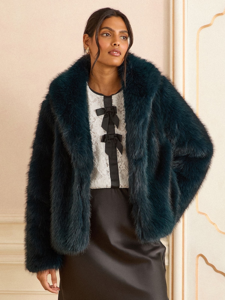Love & Roses Teal Blue Shawl Collar Faux Fur Coat - Image 1 of 4