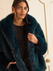 Love & Roses Teal Blue Shawl Collar Faux Fur Coat - Image 2 of 4