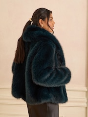 Love & Roses Teal Blue Shawl Collar Faux Fur Coat - Image 4 of 4