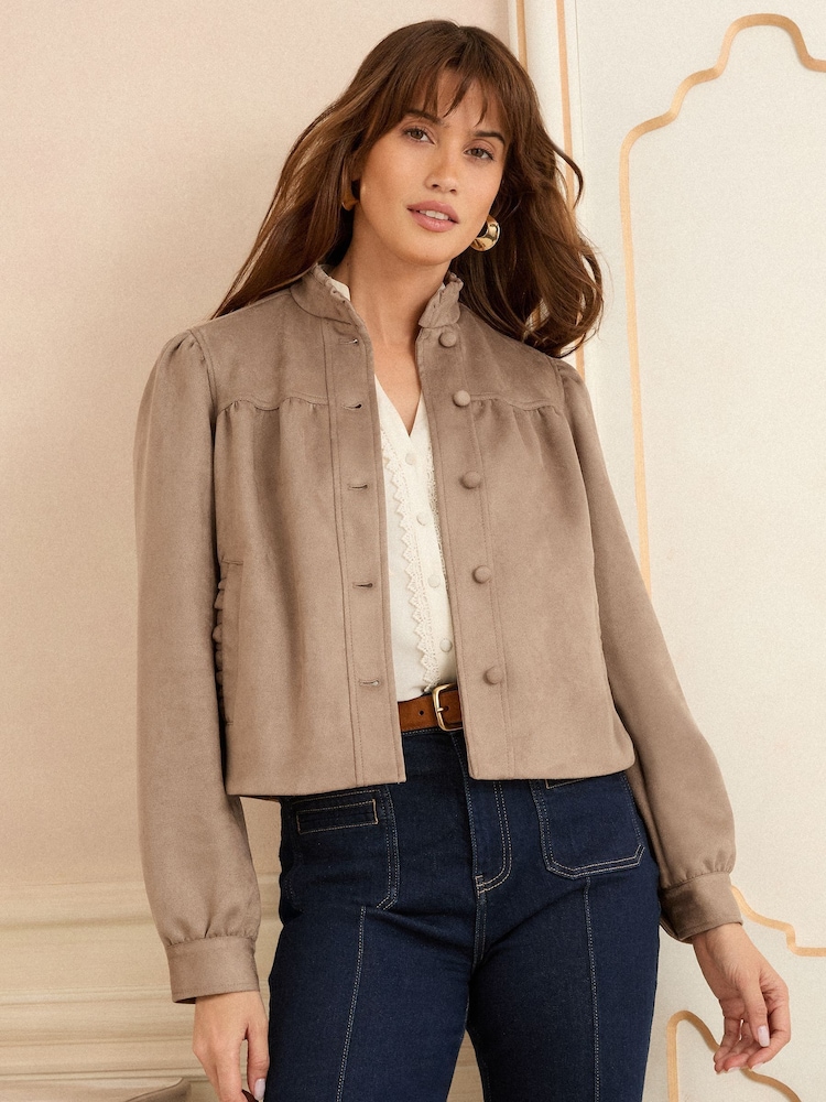 Love & Roses Tan Brown Faux Suede Collarless Jacket - Image 1 of 4