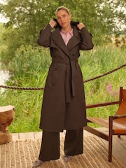 Love & Roses Chocolate Brown Petite Hooded Quilted Trench Coat - Image 3 of 5