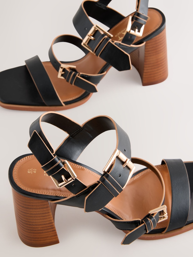 Black Forever Comfort® Strappy Buckle Block Heel Sandals - Image 10 of 10