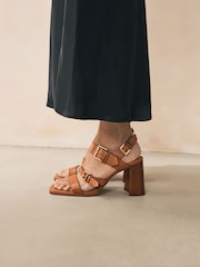 Tan Brown Forever Comfort® Strappy Buckle Block Heel Sandals - Image 1 of 11