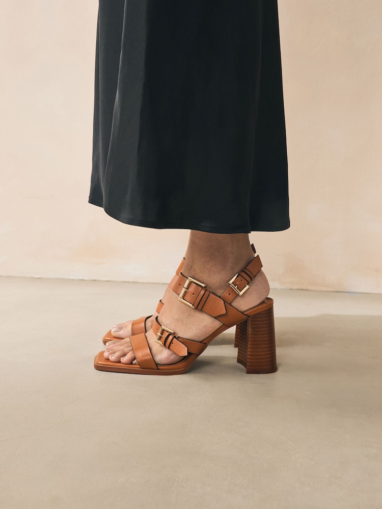 Tan Brown Forever Comfort® Strappy Buckle Block Heel Sandals - Image 1 of 11