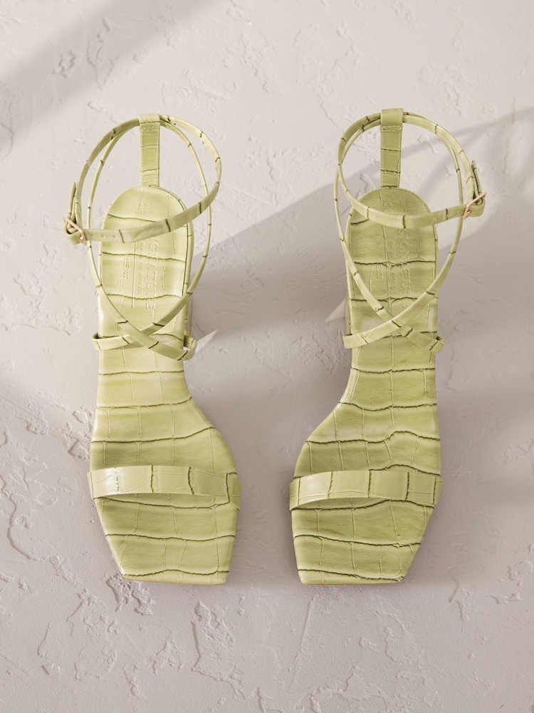 Green Signature Premium Leather Strappy Block Heeled Sandals - Image 1 of 10